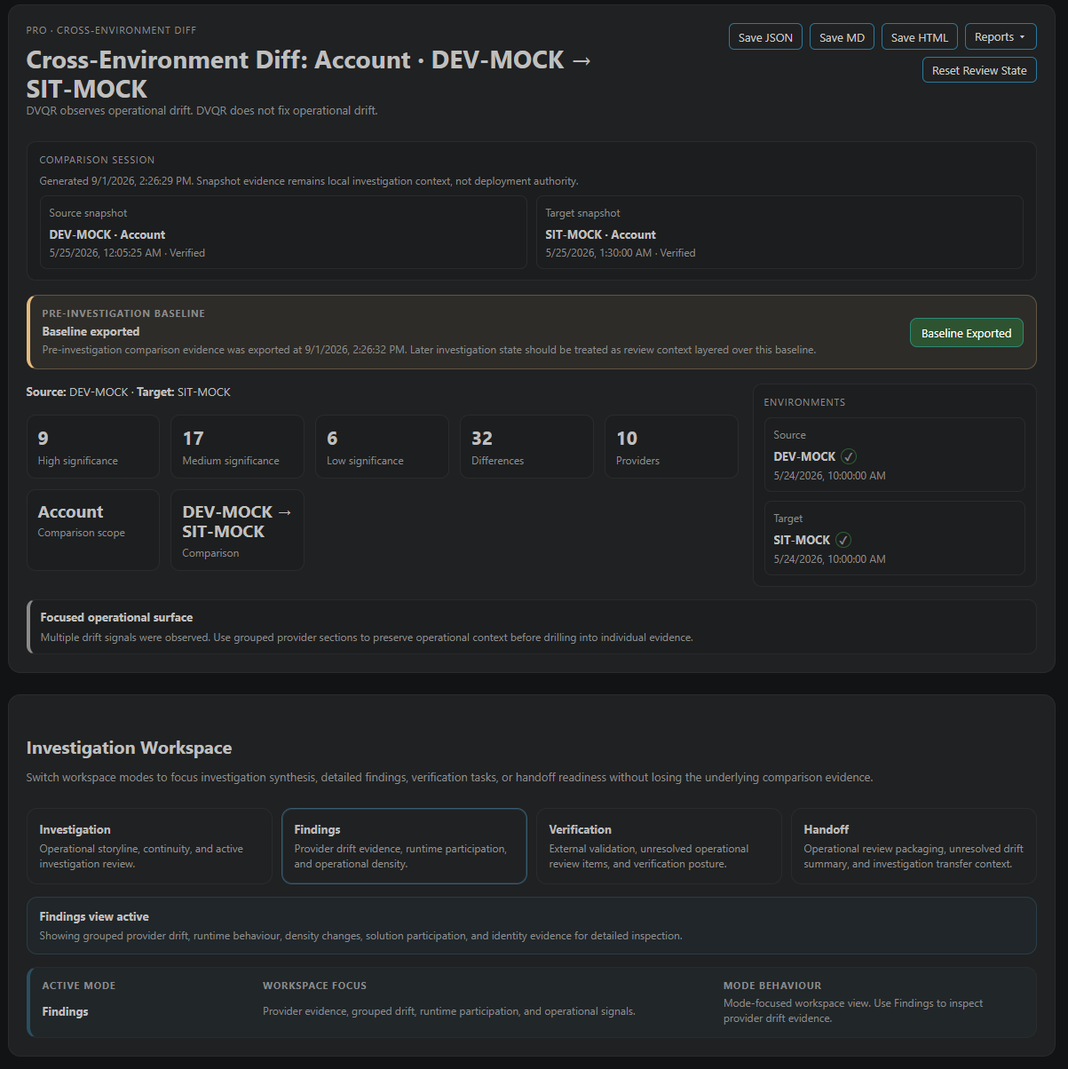 DV Quick Run v1.0.0 Cross-Environment Diff investigation workspace