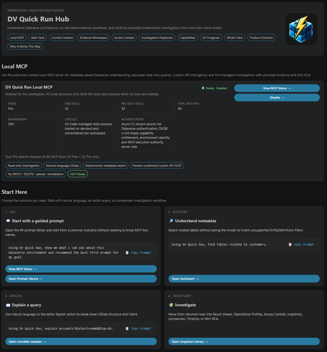 DV Quick Run v1.0.0 Hub showing Local MCP status and investigation entry points