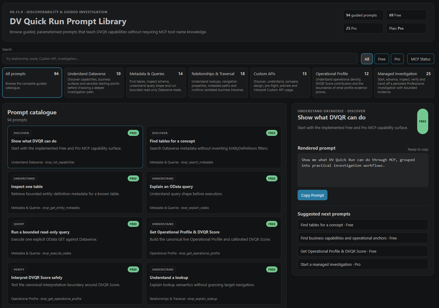 DV Quick Run Prompt Library with 94 guided prompts