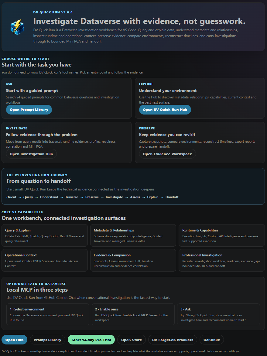 DV Quick Run v1.0.0 Welcome page